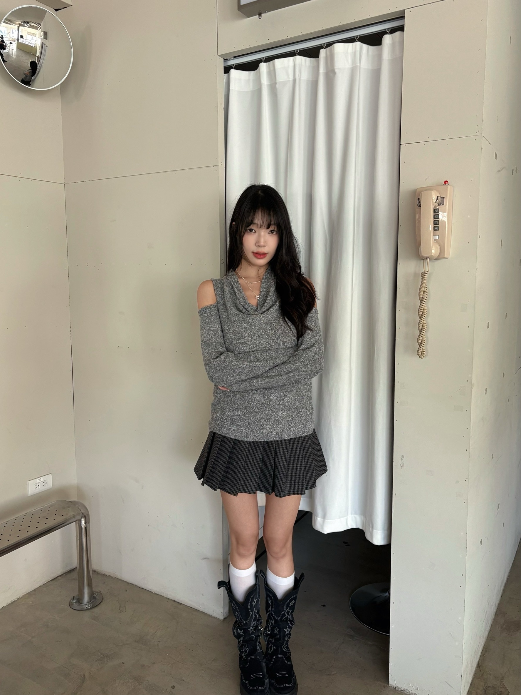 CD1 8659千鳥格百褶短裙(附皮帶):圖片 2