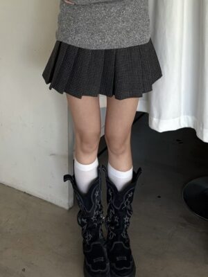 CD1 8659千鳥格百褶短裙（附皮帶）