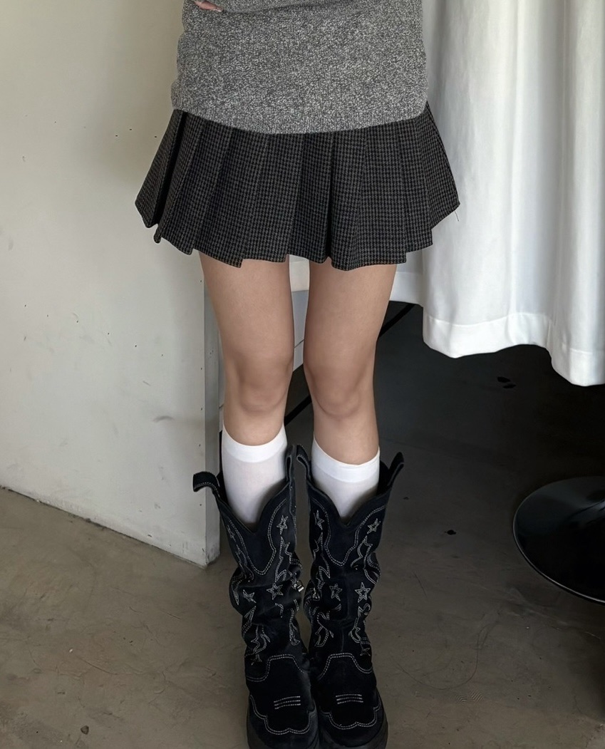 CD1 8659千鳥格百褶短裙(附皮帶)