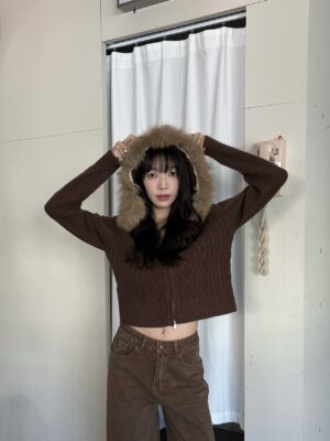 CD1 805162焦糖針織毛領外套