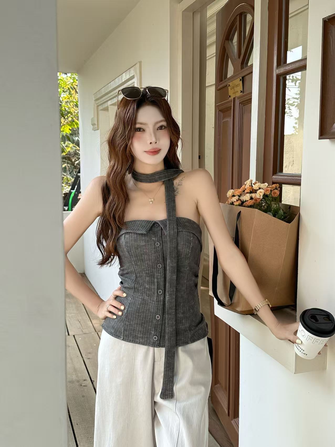 CM04 9656 條紋抓皺掛脖平口上衣:圖片 6