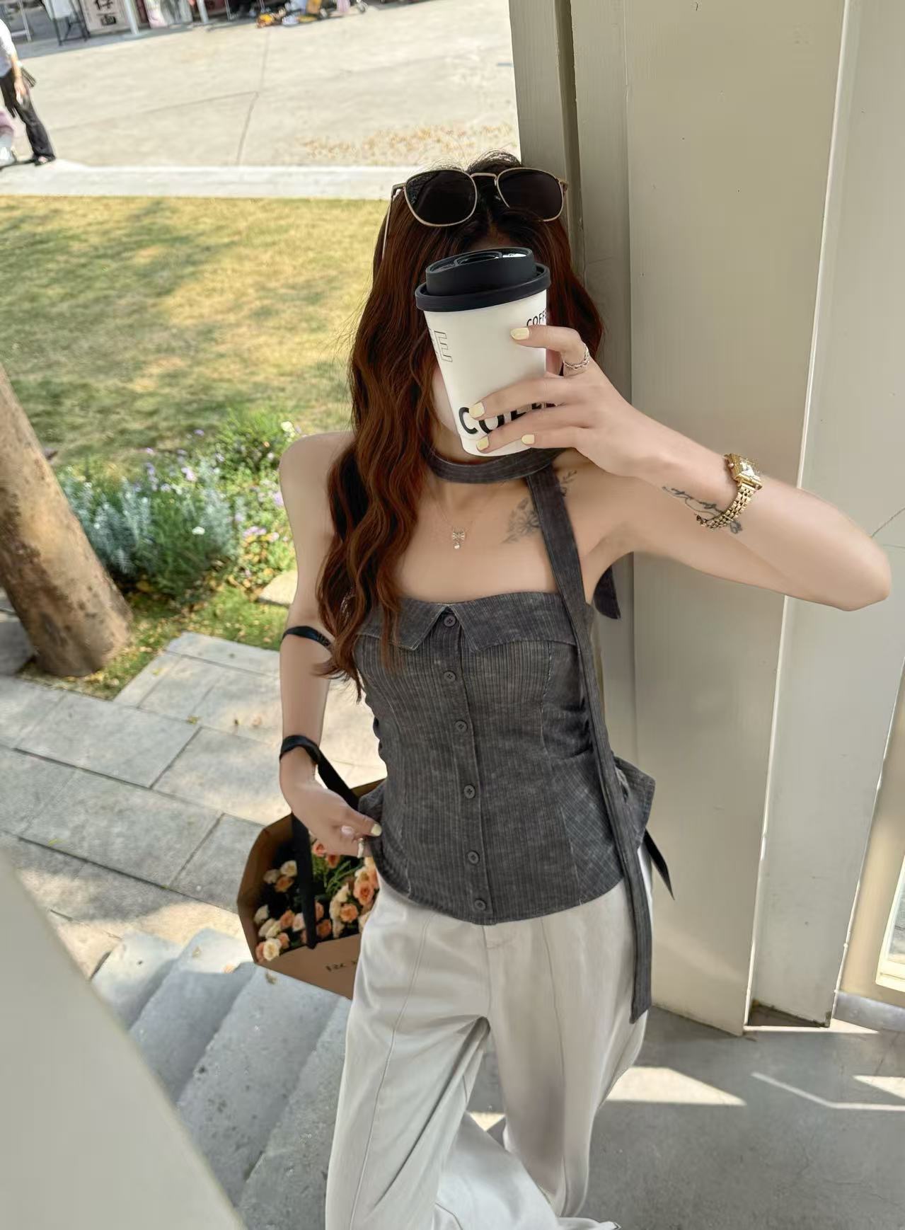 CM04 9656 條紋抓皺掛脖平口上衣:圖片 2