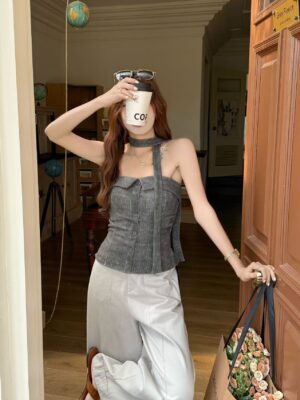 CM04 9656  條紋抓皺掛脖平口上衣