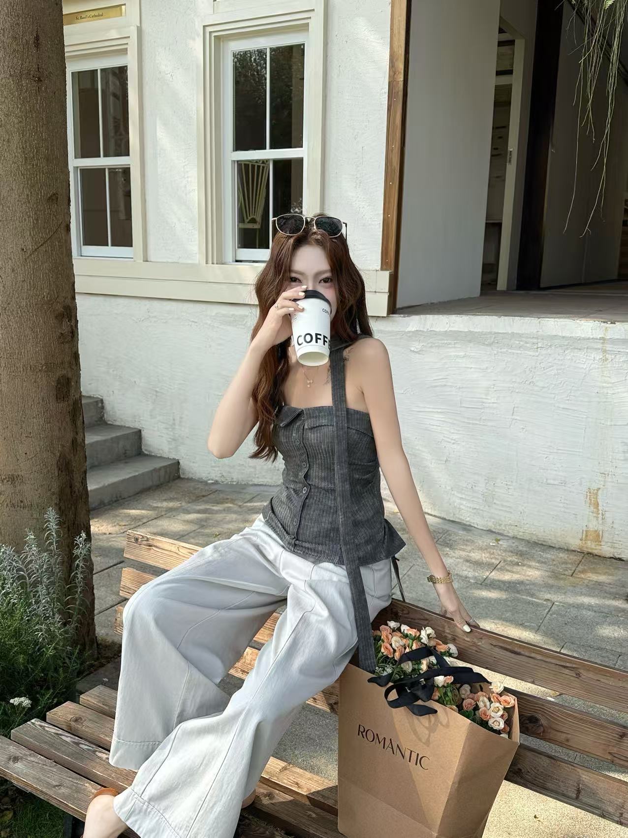 CM04 9656 條紋抓皺掛脖平口上衣:圖片 3