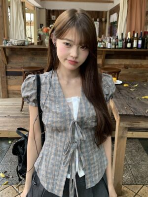 CＭ04 X2676D Lace 格紋拼接綁帶上衣