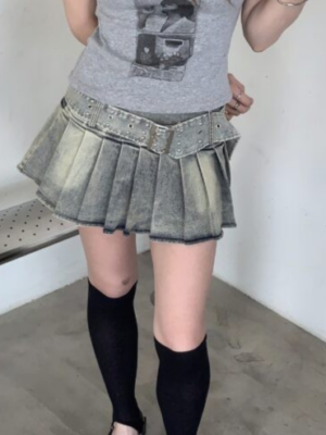 CJ2 8636 Vintage Belted Pleated 花邊設計百褶短裙